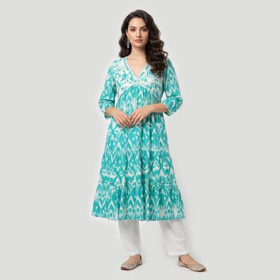 Women's Aqua Cotton V-Neck Printed Kurta