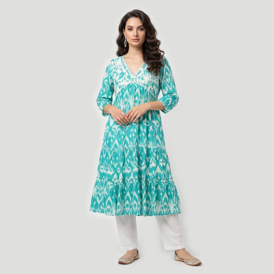 Women's Aqua Cotton V-Neck Printed Kurta, एक्वा, large