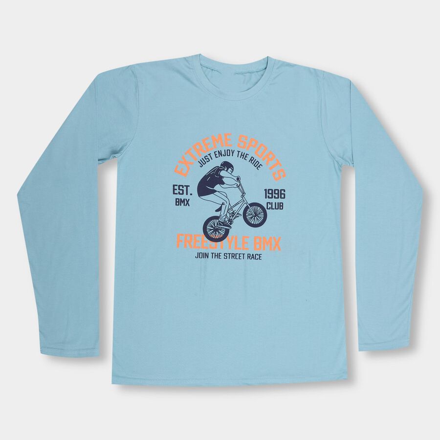 Boys' Light Sky Blue Round Neck Casual Printed T-Shirt, मध्यम नीला, large image number null