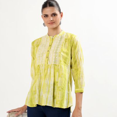 Women's Bright Lime Green Cotton Mandarin Collar Embroidered Kurti