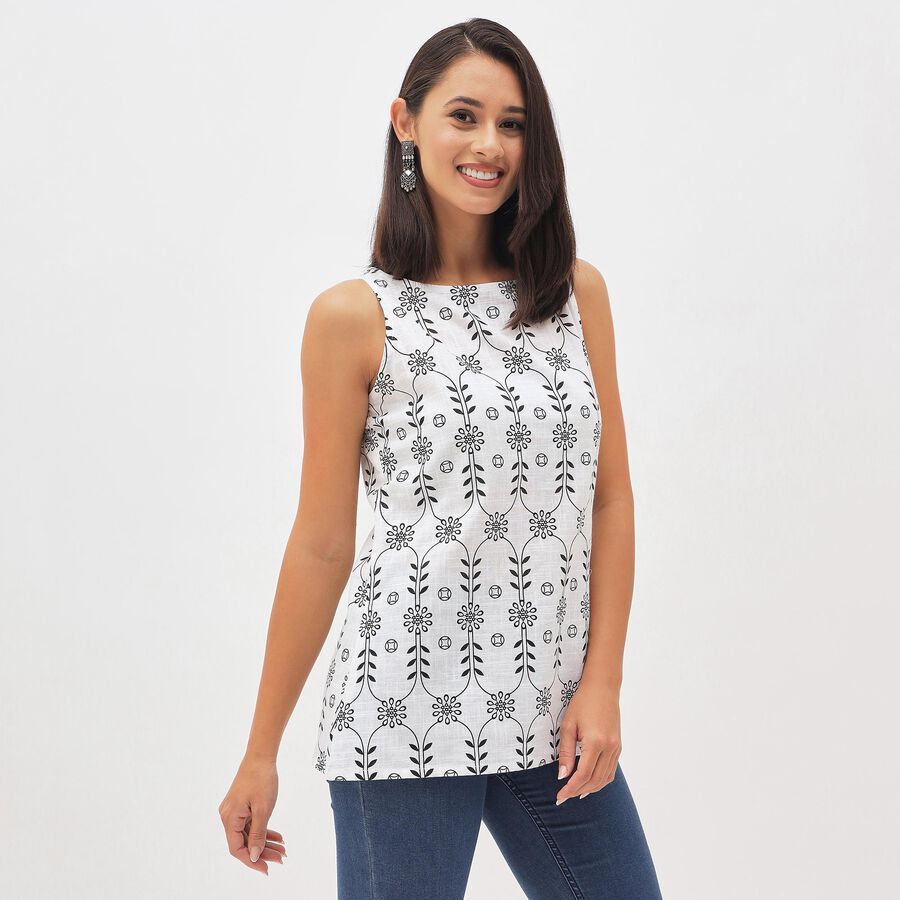 Women's Bright Snow White Cotton Round Neck Floral Printed Kurti, White, large image number null