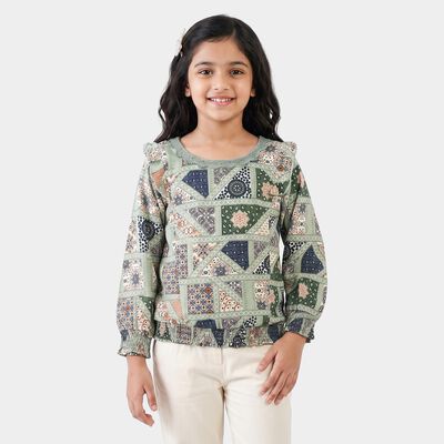 Girls' Light Grey Round Neck Regular Top