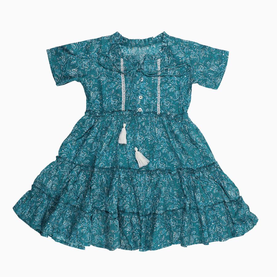 Girls' Bright Floral Sleeveless Casual Dress, टील ब्लू, large