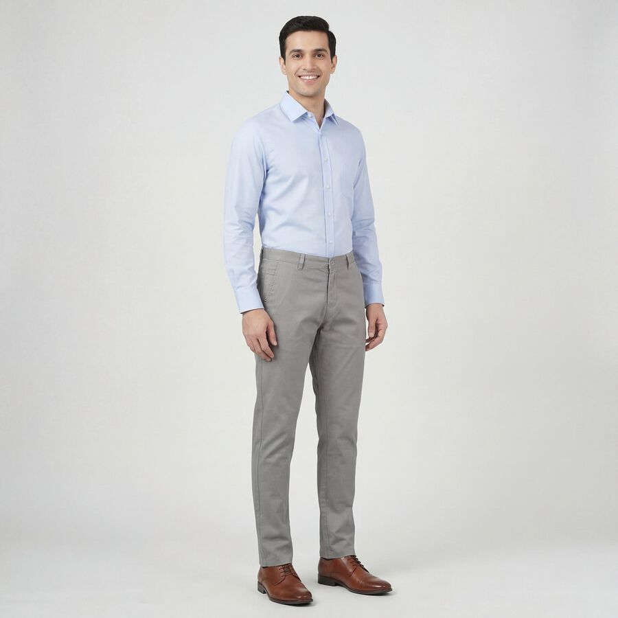 Men's Grey Slim Fit Flat-Front Casual Trousers, Light Grey, large