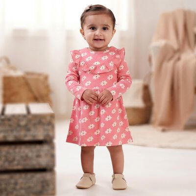 Infants' Pink Floral Printed Fit and Flare Frock