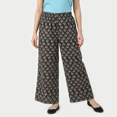 Women's Dark Grey Regular Fit Geometric Printed Palazzos