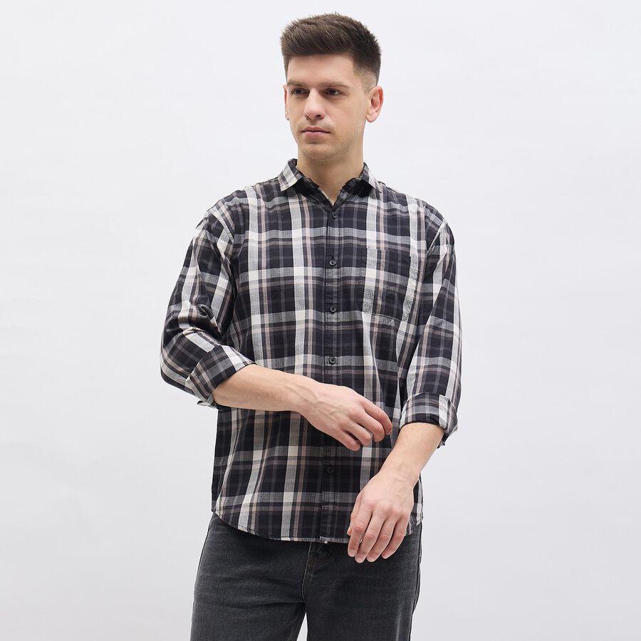 Men's Black Cotton Full Sleeve Classic Checkered Shirt, काला, large image number null