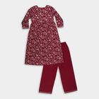 Girls' Deep Maroon Cotton Embroidered Kurta and Trouser Fusion Set with Dupatta, Wine, small image number null