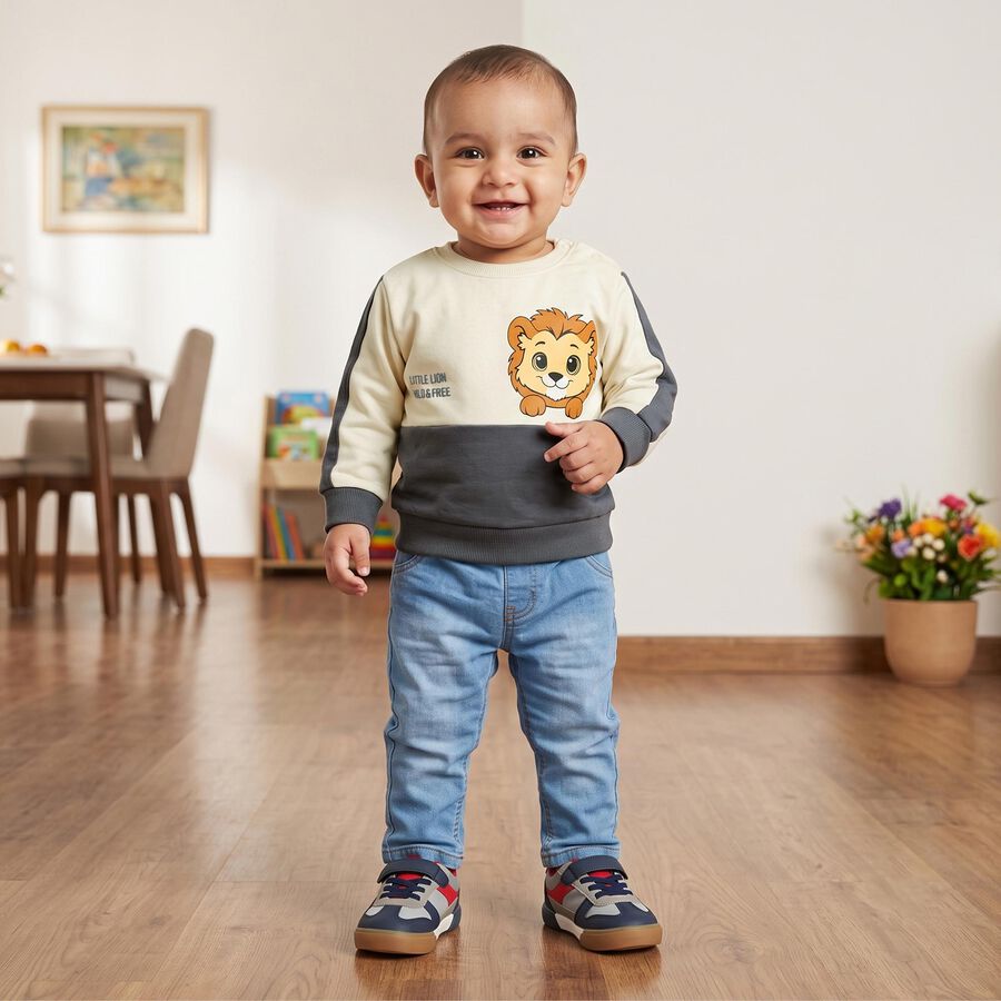 Infants' Dark Grey Cotton Round Neck Pullover Sweatshirt, गहरा ग्रे, large