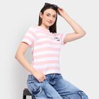 Ladies'  Stripes Round Neck T-Shirt, पीच, small