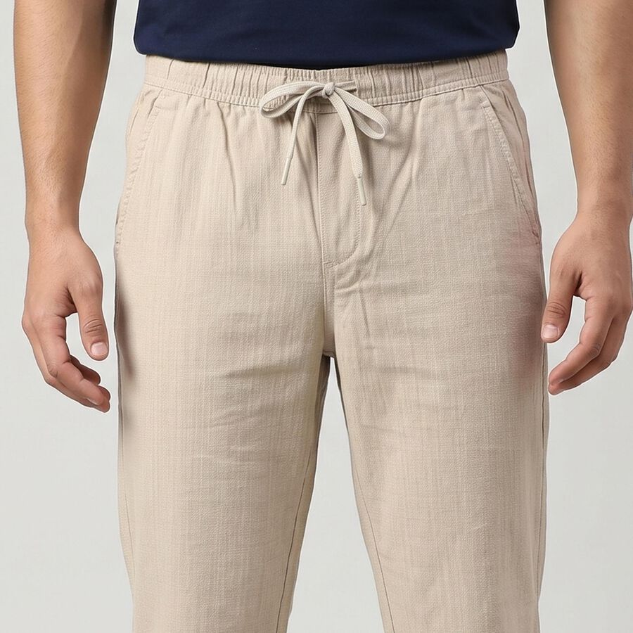 Men's Grey Slim Fit Drawstring Casual Trousers, हल्का ग्रे, large