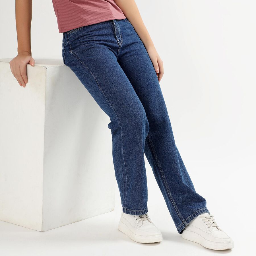 Ladies' Stonewashed Blue Wide Leg High Rise Jeans, Mid Blue, large image number null