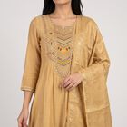 Women's Beige Notch Neck Embroidered Flared Kurta, Beige, small