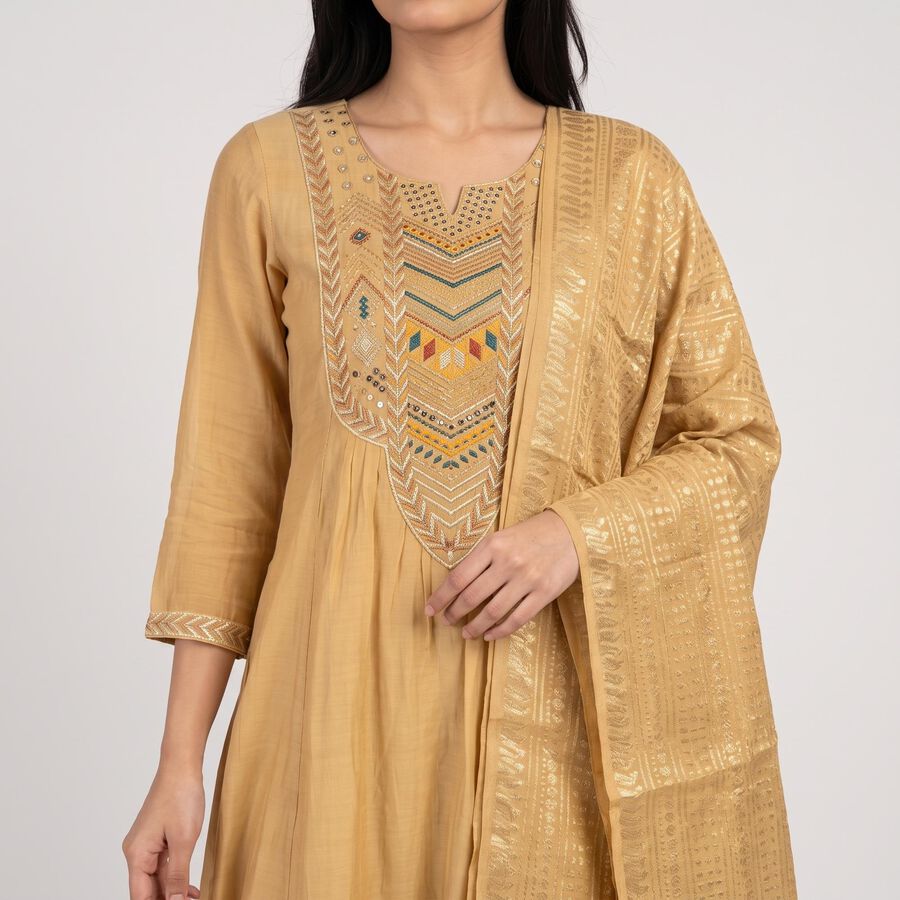 Women's Beige Notch Neck Embroidered Flared Kurta, Beige, large