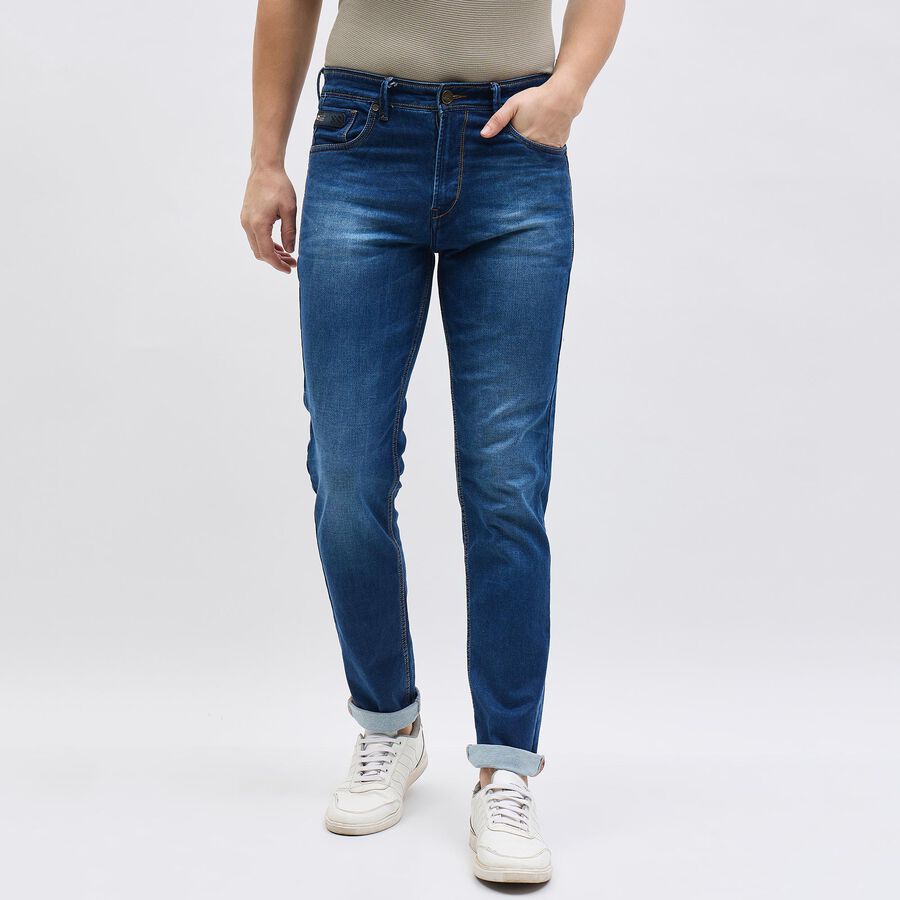 Men's Stonewashed Blue Slim Fit Whiskered Jeans, Dark Blue, large image number null