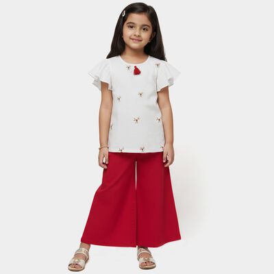 Girls' White and Red Round Neck Embroidered Top and Capri Set