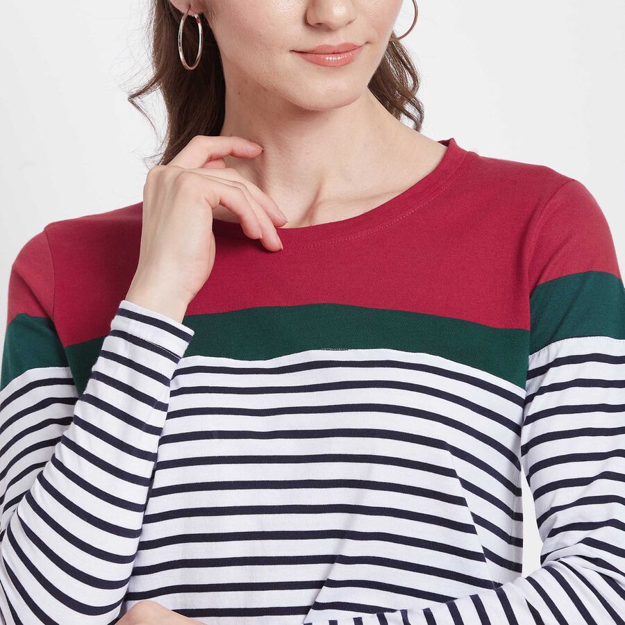 Cotton Stripes Round Neck T-Shirt, लाल, large image number null