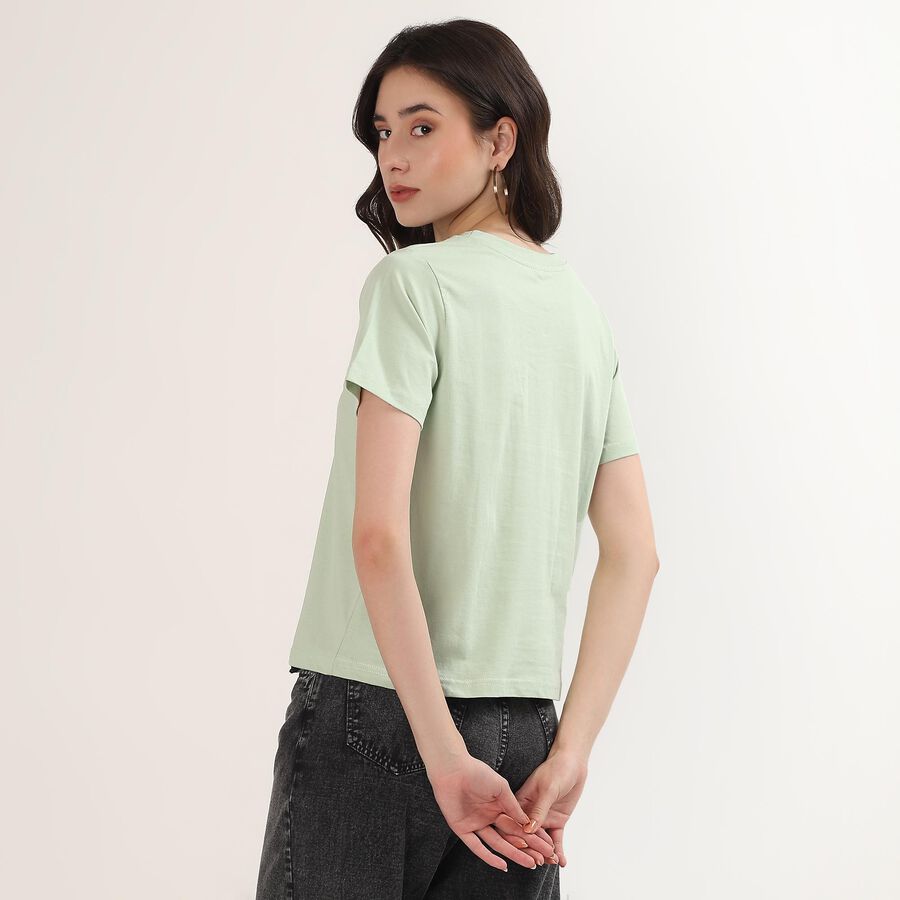 Women's Mint Green Cotton Round Neck Minimalist T-Shirt, हल्का हरा, large