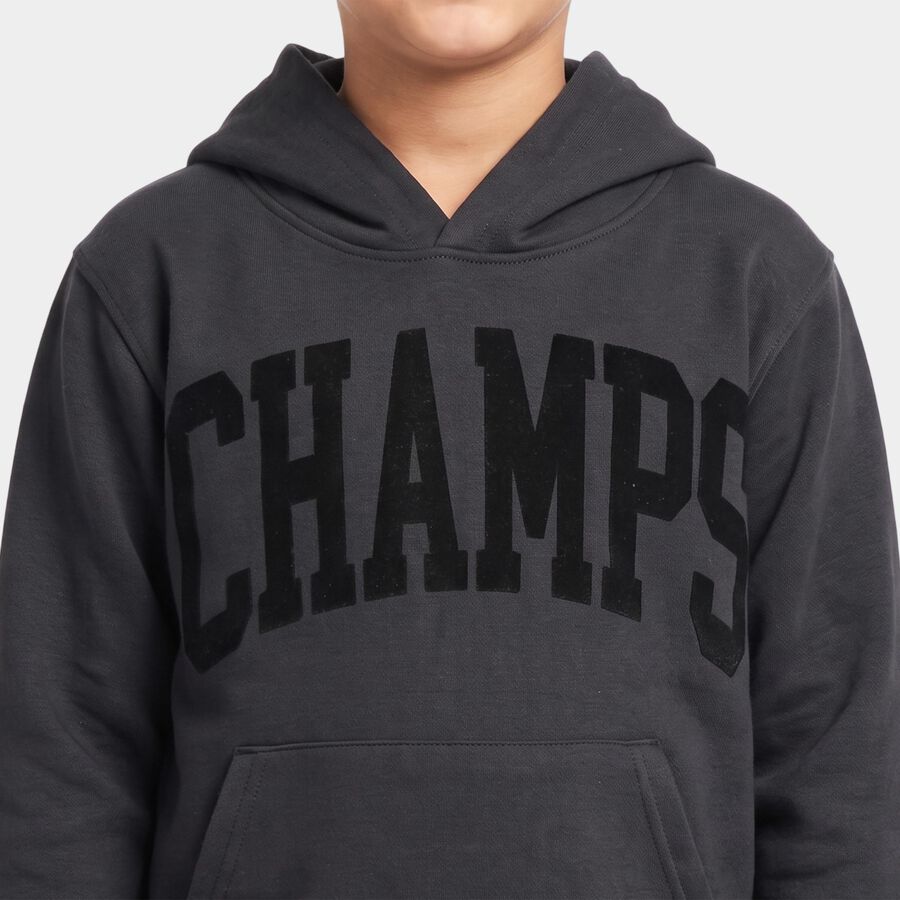 Boys' Dark Grey Hoodie Neck Graphic Print Sweatshirt, Dark Grey, large