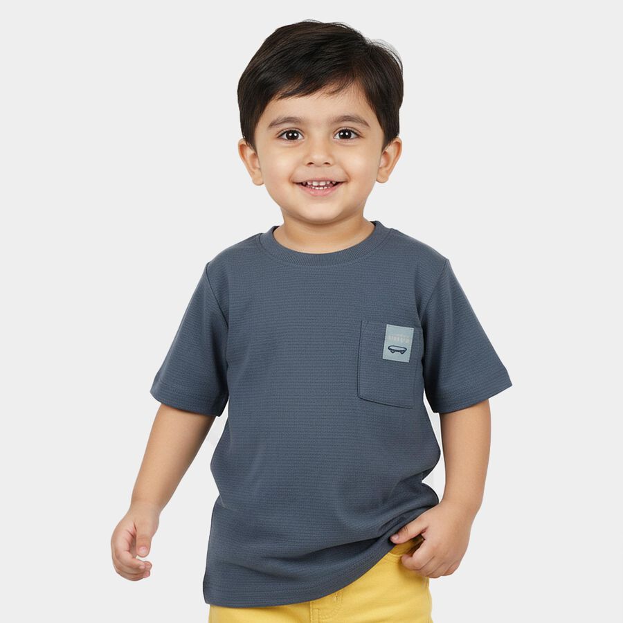Boys Navy Blue Cotton Crew Neck Casual T-Shirt, Mid Blue, large