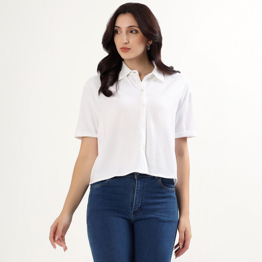 Women's Bright White Half Sleeve Classic Collar Casual Shirt, White, large