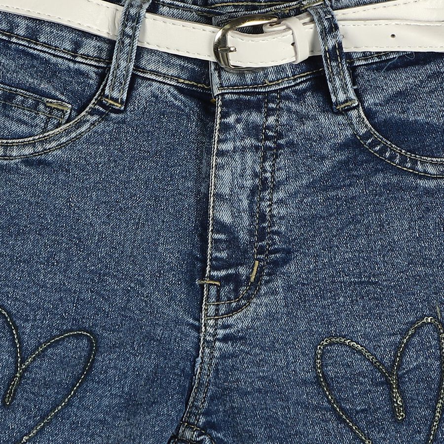 Girls Mid Blue Straight Fit Embroidered Jeans, Mid Blue, large