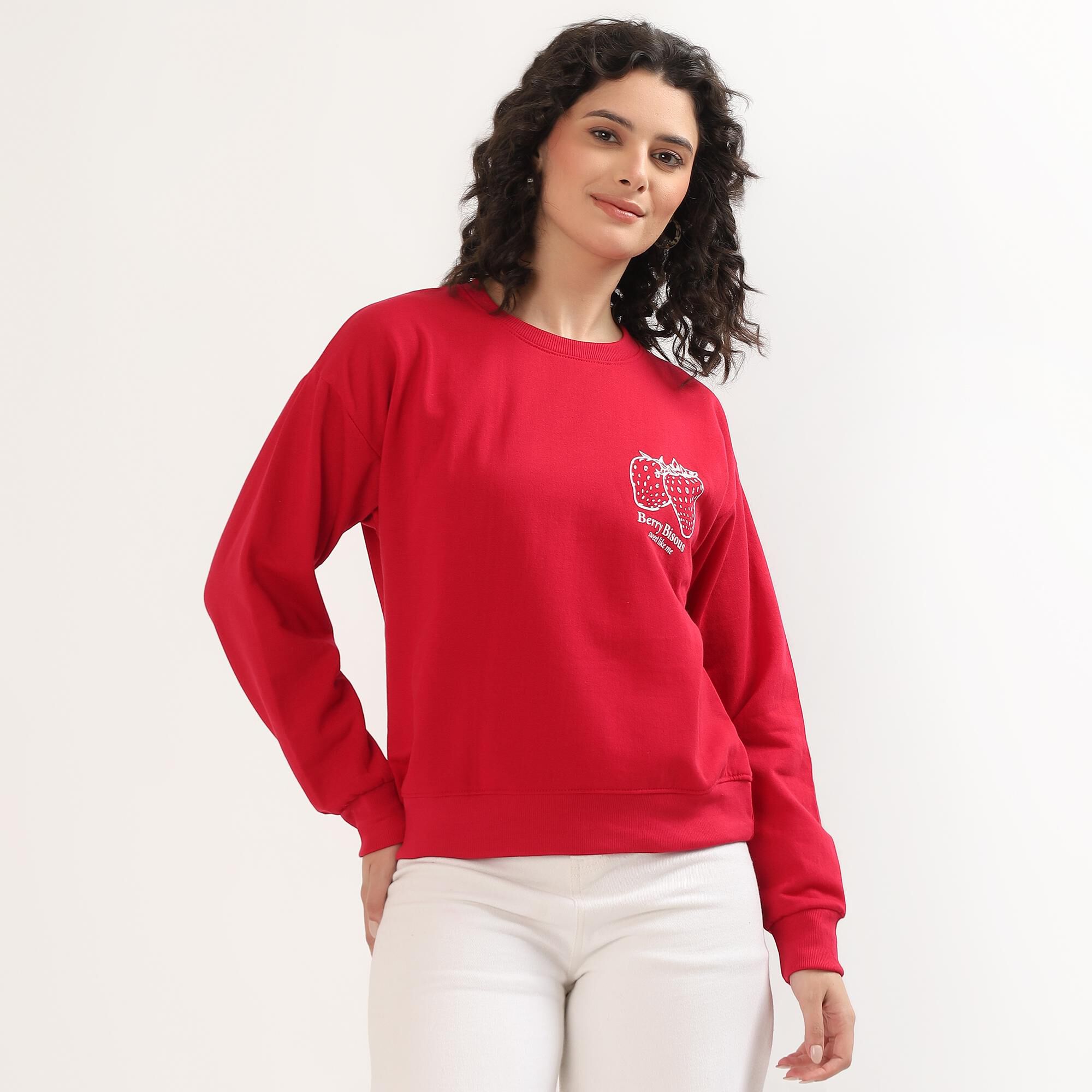 Brink Women's Bright Cherry Red Crew Neck Casual Sweatshirt