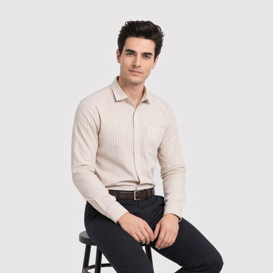 Men's Beige Striped Formal Shirt, गहरा पीला, large