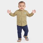 Infants Beige Cotton Long Sleeve Mandarin Collar Shirt, Beige, small
