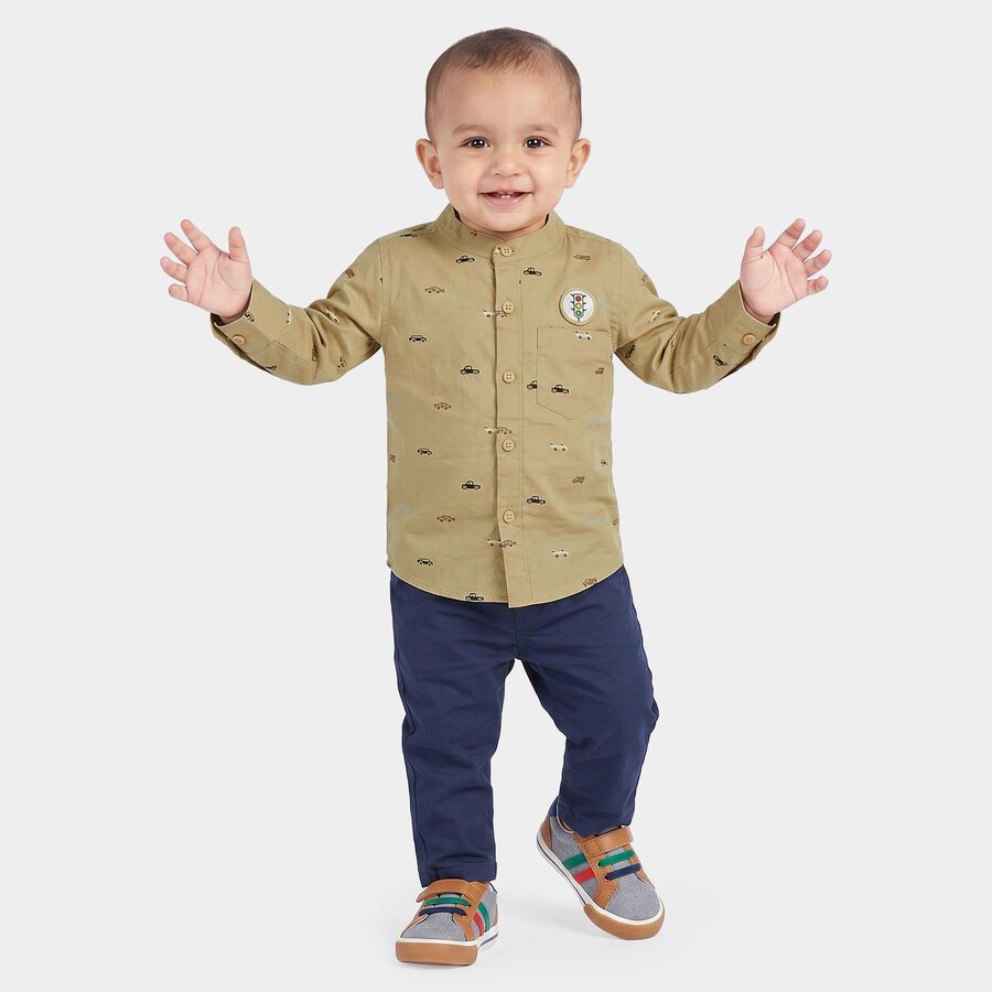 Infants Beige Cotton Long Sleeve Mandarin Collar Shirt, Beige, large