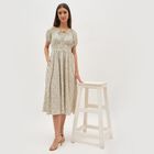 Women's Beige Tie Neck Romantic Midi Dress, Off White, small image number null