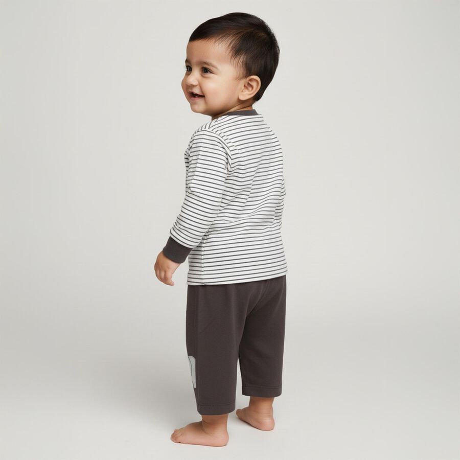 Infants White and Charcoal Grey Cotton Elephant Printed Baba Suit, Charcoal, large image number null