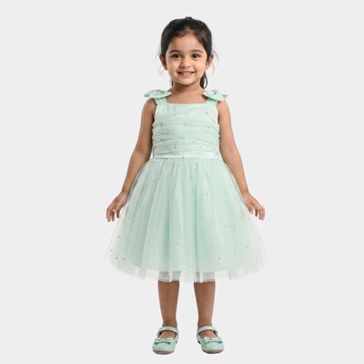 Girls' Mint Green Fit and Flare Pearl Embellished Tulle Frock