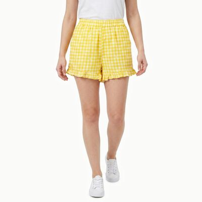 Women's Yellow Regular Fit Gingham Ruffle Hem Shorts