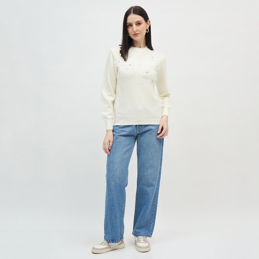 Women's Rich Eggshell White Crew Neck Casual Pullover, ऑफ व्हाइट, large image number null