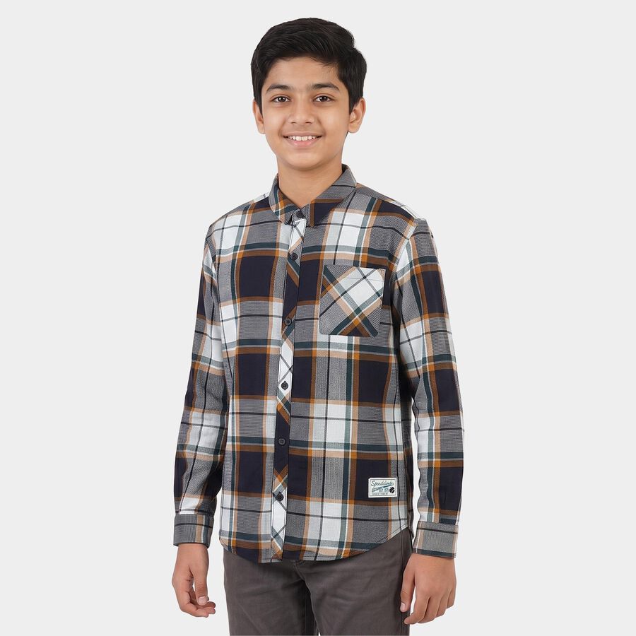 Boys' Mustard Cotton Long Sleeves Collared Shirt, Mustard, large