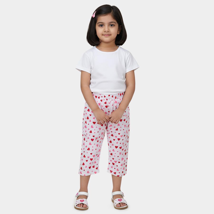 Girls' White Regular Fit Heart Printed Capri, White, large