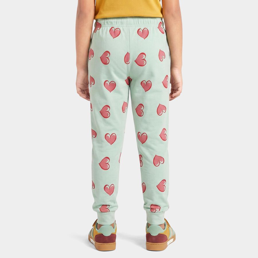 Girls' Mint Green Jogger Heart Printed Pyjama, हल्का हरा, large