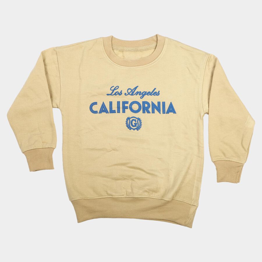 Boys Beige Round Neck Graphic Print Sweatshirt, Khaki, large