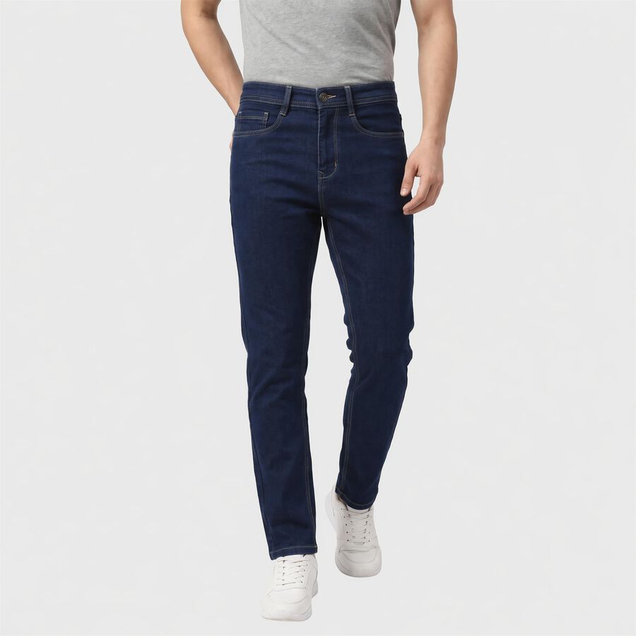 Men's Navy Blue Slim Fit Washed Jeans, गहरा नीला, large