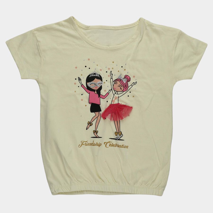 Girls Yellow Cotton Round Neck Casual T-Shirt, पीला, large