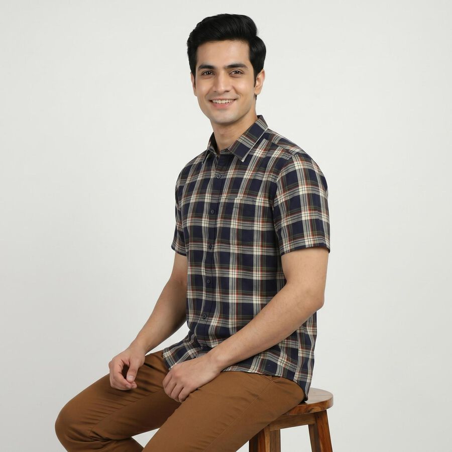 Men's Navy Blue Cotton Casual Shirt, नेवी ब्लू, large