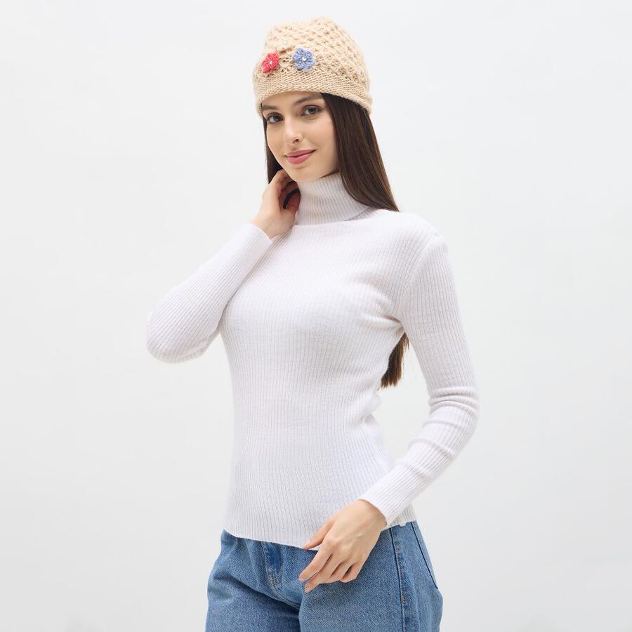 Women's Soft Beige Floral Crochet Knitted Cap, Beige, large image number null