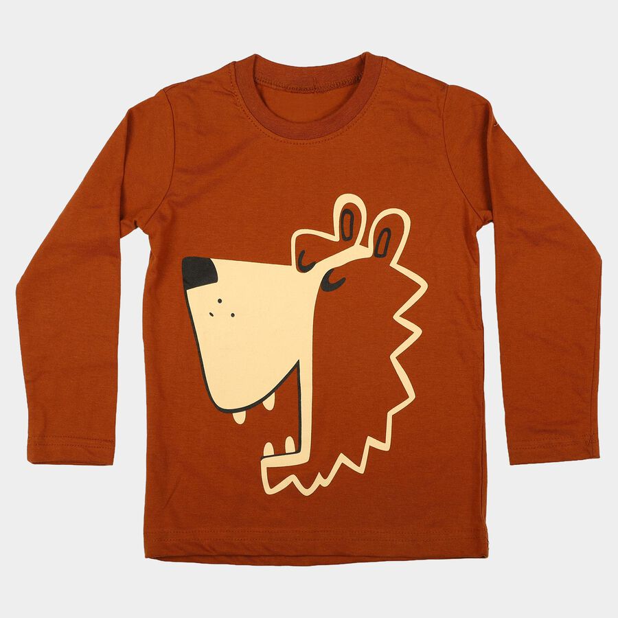 Boys Brown Cotton Blend Round Neck Regular T-Shirt, भूरा, large