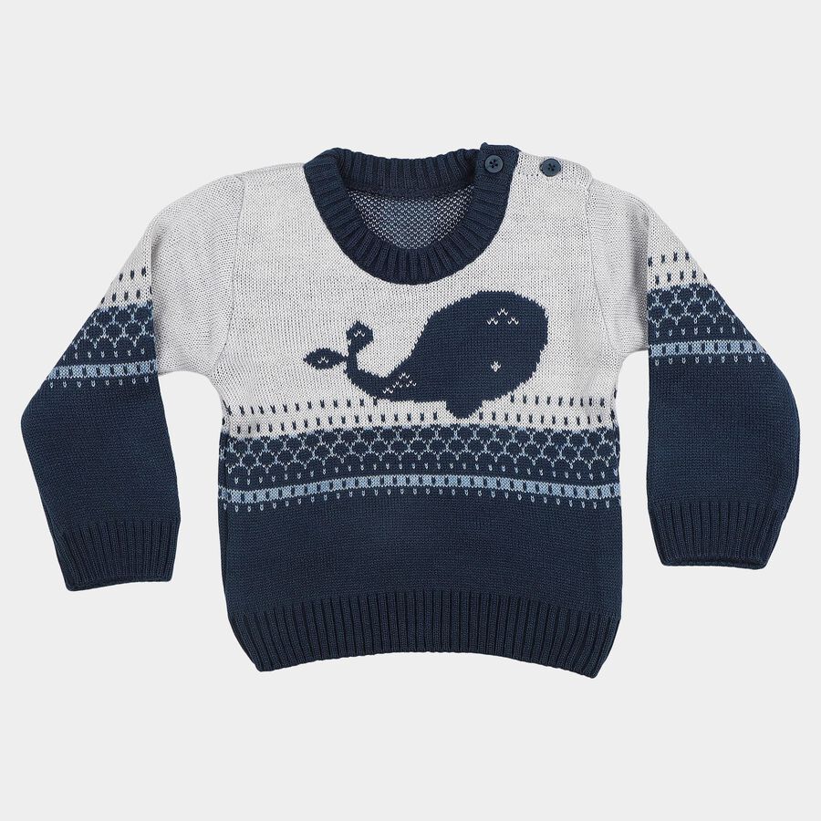 Infants' Navy Blue Crew Neck Knitted Pullover, मध्यम नीला, large