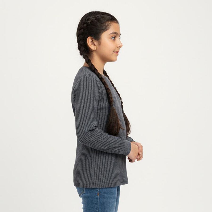 Girls Muted Charcoal Blue Round Neck Thermal, Melange Blue, large image number null