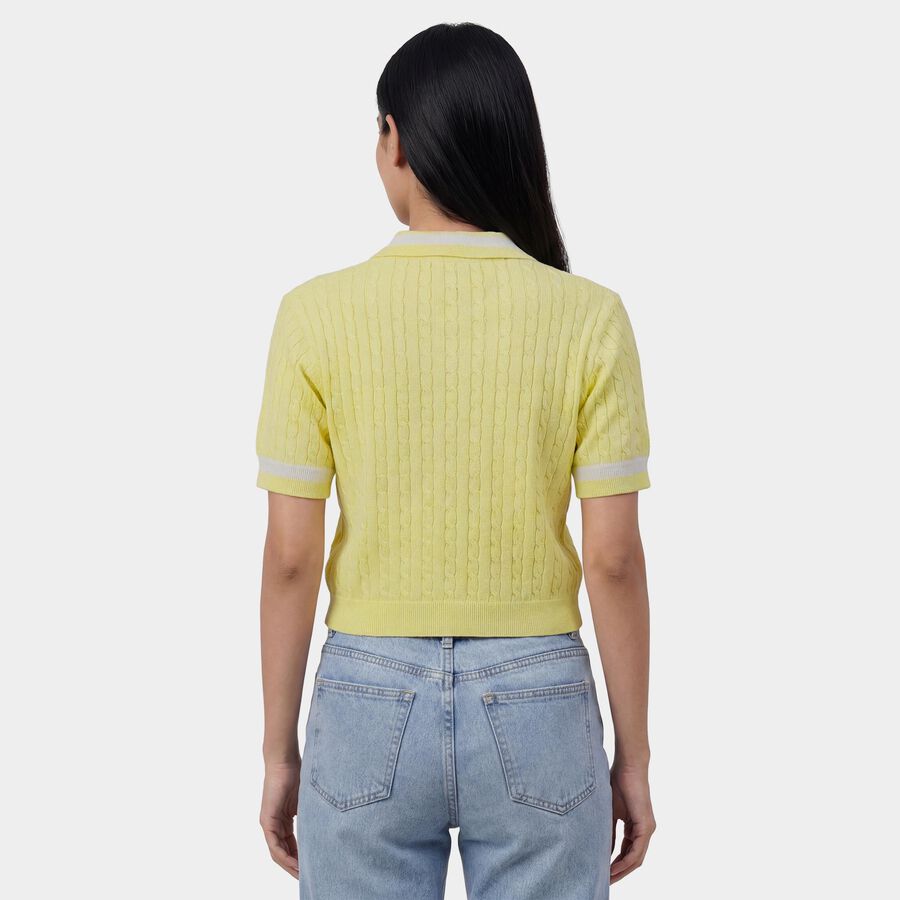 Women's Yellow Cotton Round Neck Casual Top, Yellow, large