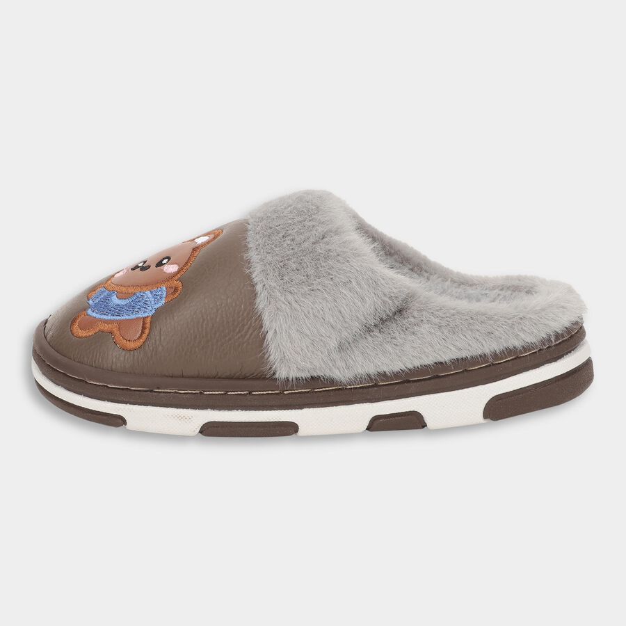 Kids Warm Chocolate Brown Fur Lined Slip-On Winter Slippers, Brown, large image number null