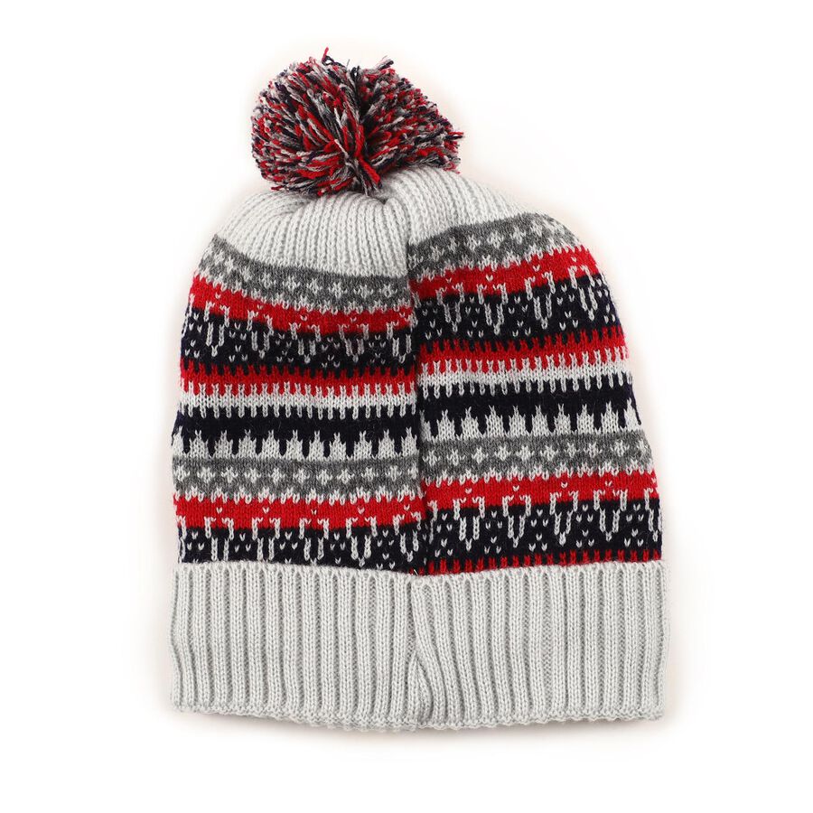 Boys' Grey and Red Striped Knitted Beanie, Ecru Melange, large image number null
