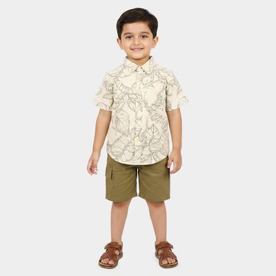 Boys Beige 100% Cotton Collar Neck Tropical Printed Baba Suit